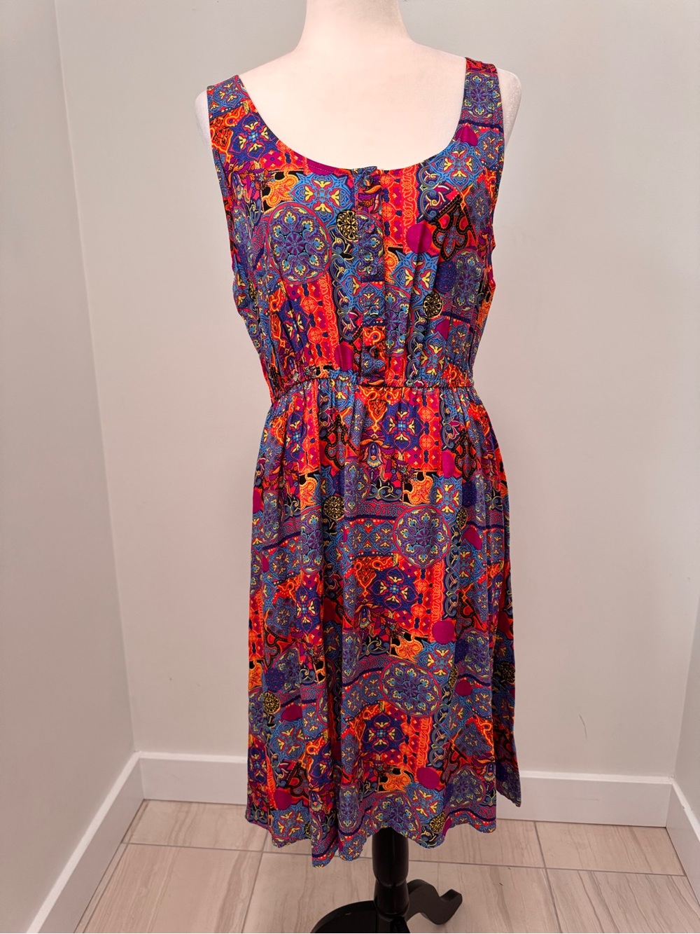 Papillon Blanc Multicolor Mosaic-Print Sleeveless Scoop Neck Midi Dress Sz L